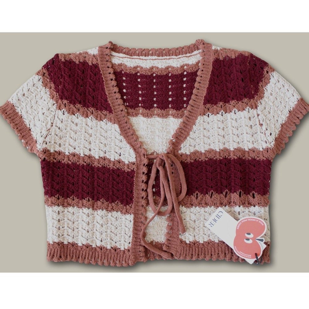 Cider Boho Striped Crochet Tie Front Crop Cardigan XS Brown Cream Pointelle Knit